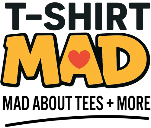 Logo of T-Shirt Mad with yellow text and a red heart on a white background